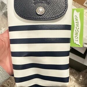 Longchamp Blue and White Striped Phone Pouch